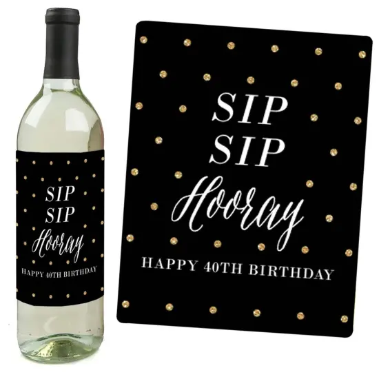 Big Dot of Happiness Chic 40th Birthday - Pink, Black and Gold - Birthday Gift For Women - Wine Bottle Label Stickers - Set of 4 {3}