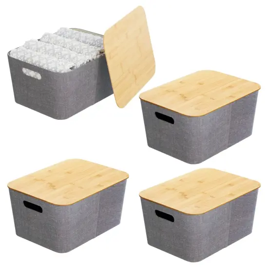 mDesign 10" Soft Fabric Stacking Storage Bin Box and Bamboo Lid Cover, 4 Pack {5}