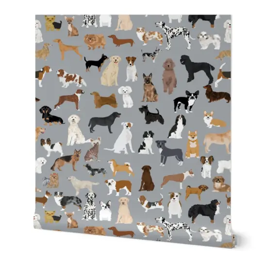 Peel & Stick Wallpaper 2FT Wide Dogs Watercolor Pets Animals Playroom Nursery Gray Custom Removable Wallpaper by Spoonflower {7}