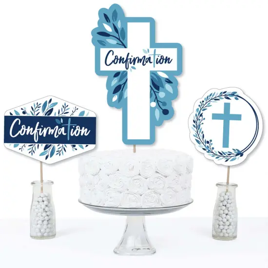 Big Dot of Happiness Confirmation Blue Elegant Cross - Boy Religious Party Centerpiece Sticks - Table Toppers - Set of 15 {4}
