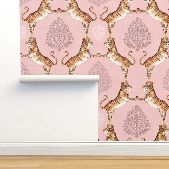 Pre-Pasted Wallpaper 2FT Wide Pink Paisley Tiger Bohemian India Pale Damask Water Color Animal Print Custom Pre-pasted Wallpaper by Spoonflower {2}