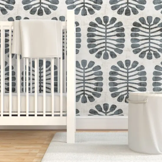 Pre-Pasted Wallpaper 2FT Wide Mid Century Nature Mod Grey Geometric Faux Linen Look Retro Botanical Custom Pre-pasted Wallpaper by Spoonflower {7}