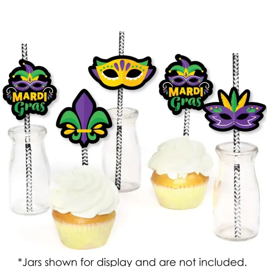 Big Dot of Happiness Colorful Mardi Gras Mask - Paper Straw Decor - Masquerade Party Striped Decorative Straws - Set of 24 {6}