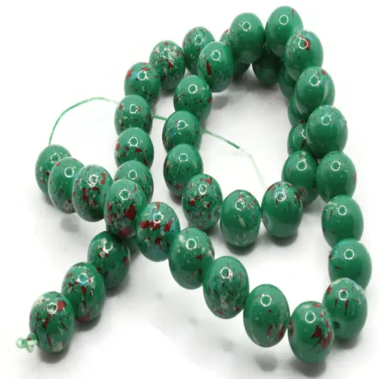 40 10mm Green and Red Splatter Paint Smooth Round Glass Beads {6}