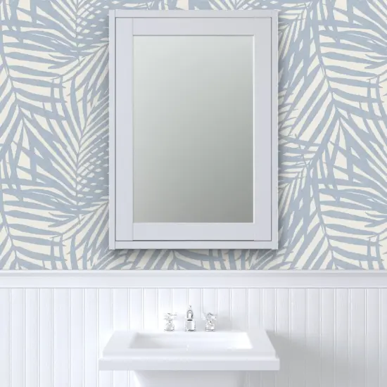 Pre-Pasted Wallpaper 2FT Wide Cream Blue Tropical Palm Soft Watercolor fan palm Custom Pre-pasted Wallpaper by Spoonflower {6}