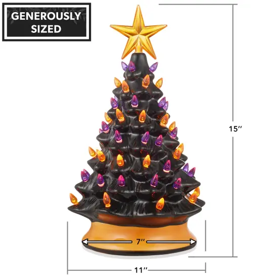 Casafield Hand-Painted Ceramic Halloween Tree, 15-Inch Pre-Lit Decoration with 128 Multi-Color Lights, Jack-O-Lantern and Star Toppers {3}