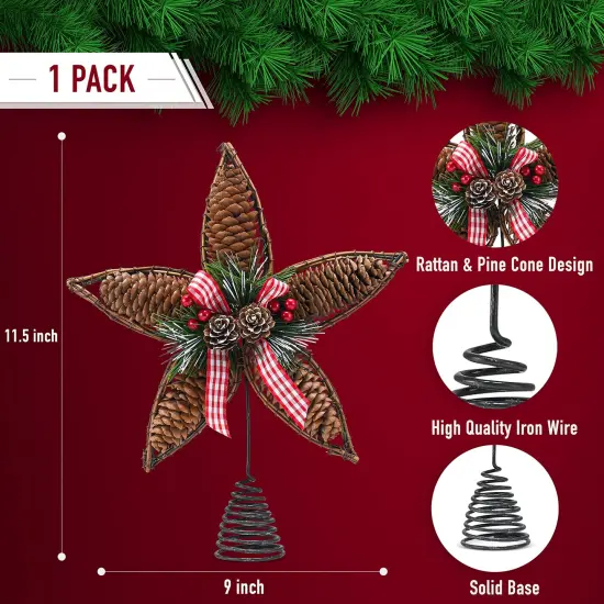 Ornativity Rattan Star Tree Topper - Christmas Rustic Acorn Tree Topper with Holly and Berry Decorations {6}