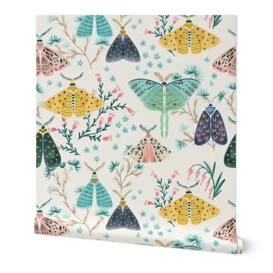 Peel & Stick Wallpaper 2FT Wide Hand Painted Moths Gouache Butterflies Blush Pink Blue Navy Yellow Insect Wings Garden Flowers Pastel Custom Removable Wallpaper by Spoonflower {7}