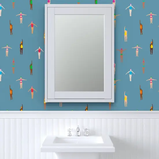 Peel & Stick Wallpaper 2FT Wide Swimmers Dusty Blue Water Holiday Sun Summer Tropical Custom Removable Wallpaper by Spoonflower {6}