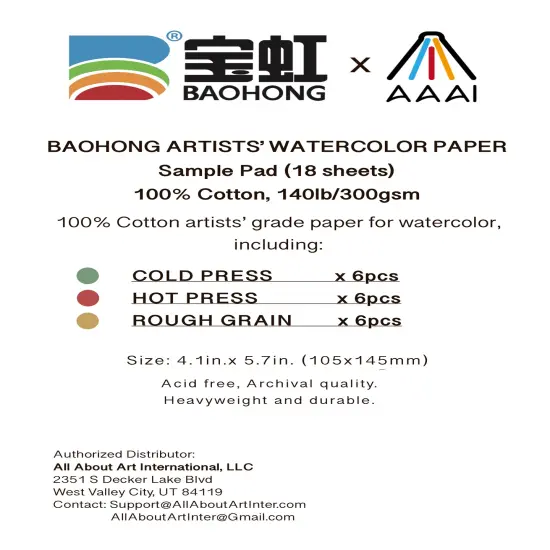 Baohong Watercolor Trial Pad, 4.1x5.7", Artists' Grade, Cold Pressx6, Hot Press x6, Rough Grain x6, 100% cotton, 140lb/300gsm {5}