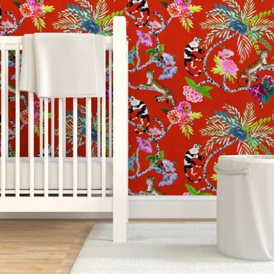 Pre-Pasted Wallpaper 2FT Wide Chinoiserie Maximalist Red Whimsical Monkey Tropical Leopard Botanical Custom Pre-pasted Wallpaper by Spoonflower {7}