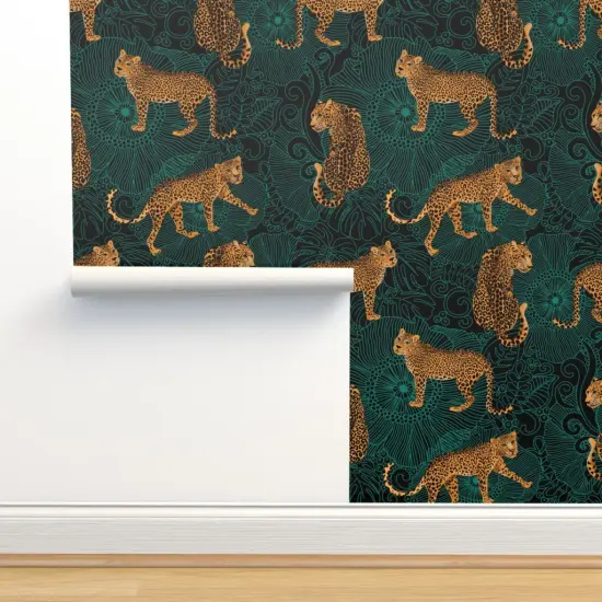 Peel & Stick Wallpaper 2FT Wide Black Green Animal Africa Leopard Cheetah Tiger Exotic Animals Maximalist Custom Removable Wallpaper by Spoonflower {2}