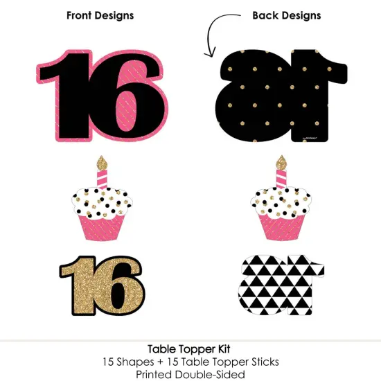Big Dot of Happiness Chic 16th Birthday - Pink, Black and Gold - Birthday Party Centerpiece Sticks - Table Toppers - Set of 15 {6}