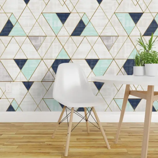 Peel & Stick Wallpaper 2FT Wide Vintage Navy Mint Geo Blue Green Custom Removable Wallpaper by Spoonflower {1}