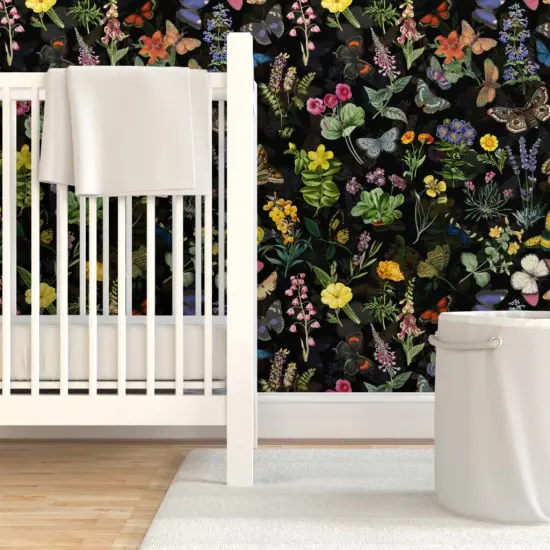 Pre-Pasted Wallpaper 2FT Wide Butterfly House Moody Floral Moths On Black Spring Flower English Cottage Shabby Chic Flowers Core Custom Pre-pasted Wallpaper by Spoonflower {7}