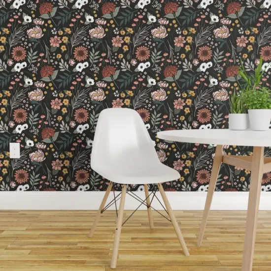 Peel & Stick Wallpaper 2FT Wide Dark Boho Floral Mustard Bohemian Sage Green Botanical Dusty Rose Earthtone Earthy Colors Autumn Floral Boho On Black Custom Removable Wallpaper by Spoonflower {1}