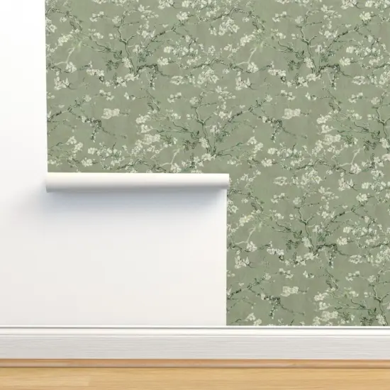 Peel & Stick Wallpaper 2FT Wide Impressionist Spring Bloom Sage Green Floral Botanical Nature Leaf Delicate Custom Removable Wallpaper by Spoonflower {2}