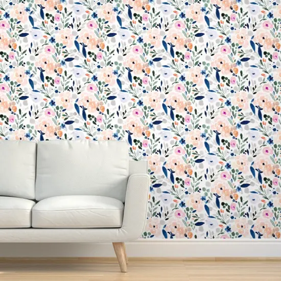 Pre-Pasted Wallpaper 2FT Wide Pastel Floral Watercolor Garden Flowers Bohemian Girly Botanical Custom Pre-pasted Wallpaper by Spoonflower {5}