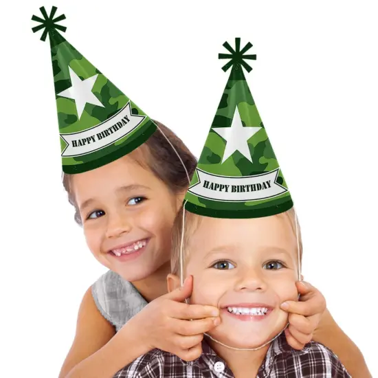 Big Dot of Happiness Camo Hero - Cone Happy Birthday Party Hats for Kids and Adults - Set of 8 (Standard Size) {3}