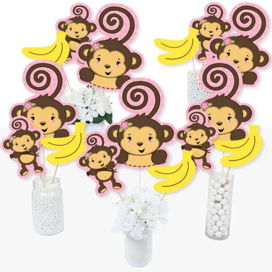 Big Dot of Happiness Pink Monkey Girl - Baby Shower or Birthday Party Centerpiece Sticks - Table Toppers - Set of 15 {3}