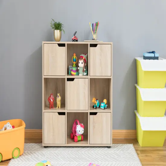 9 Cube Wooden Organizer With 5 Enclosed Doors and 4 Shelves Oak {3}