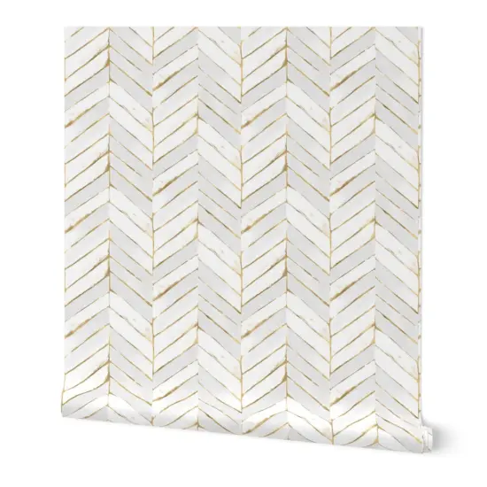 Peel & Stick Wallpaper 2FT Wide Chevron Painted White Gold Stripe Herringbone Mod Golden Print Look Custom Removable Wallpaper by Spoonflower {7}