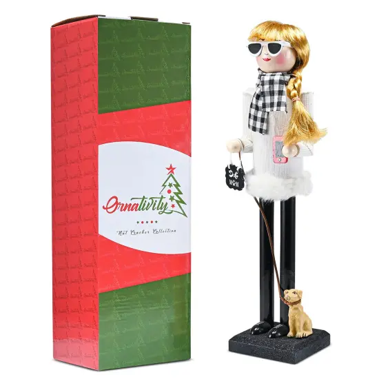 Ornativity Christmas Dog Mom Nutcracker – White and Black Wooden Nutcracker Woman with Dog on Leash and a Smartphone in Hand Xmas Themed Holiday Nut Cracker Doll Figure Decorations {6}