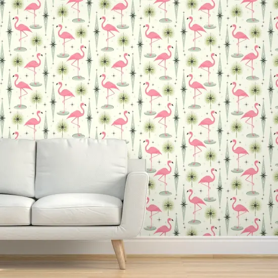 Peel & Stick Wallpaper 2FT Wide Atomic Flamingo Vertical Pink Flamingos Palm Leaves Diamonds Mid Century Retro Fifties 1950S Birds Exotic Custom Removable Wallpaper by Spoonflower {5}