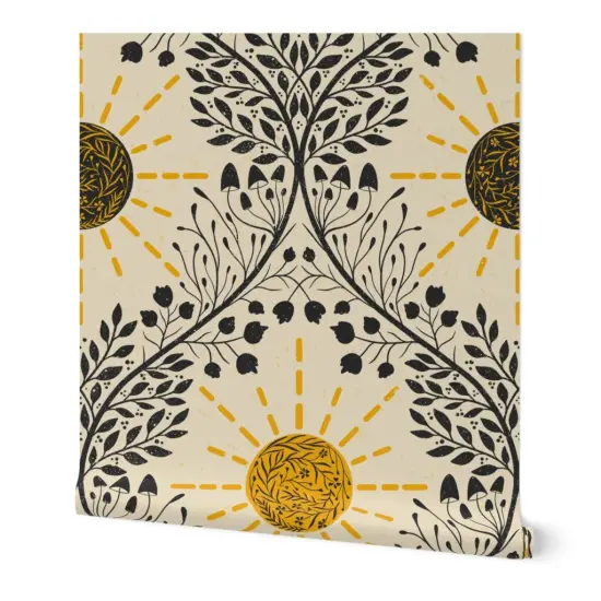 Peel & Stick Wallpaper 2FT Wide Retro Boho Sun Retro Sun Mushroom Organic Mushrooms Sunshine Botanical Ogee Weather Textured Yellow And Black Flowers Custom Removable Wallpaper by Spoonflower {7}
