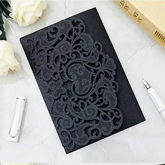 50 Sets Tri fold Love Hollow Laser cut Pocket Wedding Invite Invitation Card Jacket for Party Birthday Quinceañera Invite 4.92 by 7.28 inches (Black, Only Invitation cover) {4}