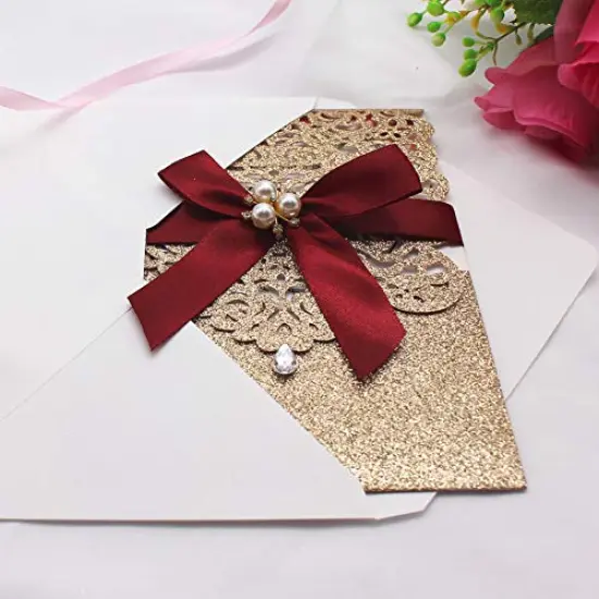 25 Pieces Gold Glitter Laser Cut Invitations with RSVP Cards and Envelopes Luxury Diamond and Ribbon Design with 250GSM Pearl Paper Insert for Wedding Engagement Birthday Quinceanera Invite {6}