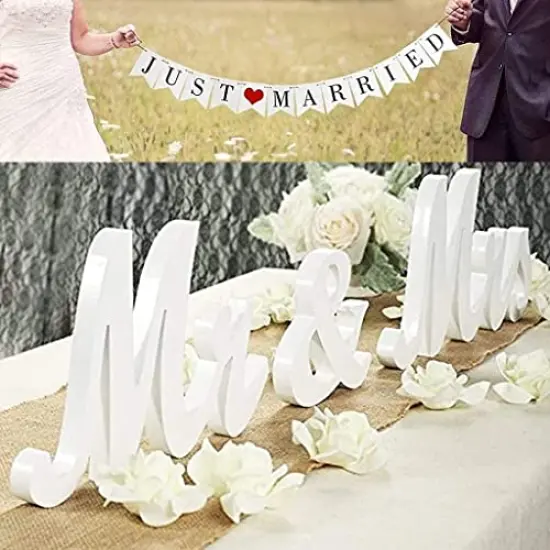 Wedding Decorations Set,Large Mr and Mrs Sign & Just Married Banner,Mr & Mrs Signs for Wedding Table,Wooden Letters Sweetheart Table,Photo Props Wedding Decorations for Anniversary,White {2}