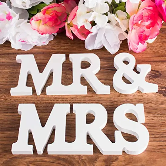 White Wooden Mr and Mrs Signs Wedding Present for Party Table Top Dinner Decoration, Display Stand Figures, Home Wall {1}