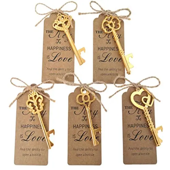 50 Pack Skeleton Key Bottle Opener Wedding Party Favor Souvenir Gift with Escort Tag and Jute Rope (Gold Tone,5 styles) {2}