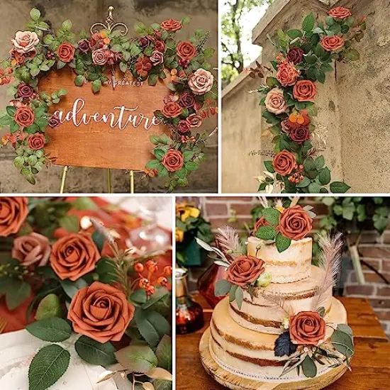 AmyHomie Artificial Flowers Burnt Orange Rose 25pcs Real Looking Fake Roses w/Stem for Fall Decor DIY Wedding Bouquets Centerpieces Arrangements Party Baby Shower Home Decorations {4}