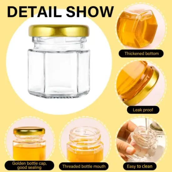 48 Pcs Mini Honey jars-1.5oz, Hexagon honey jars with dipper,gold cover,bee pendant,Gold Gift Bags,rope,Thank-You Tags,Glass Honey jars with lids,Baby Shower,Wedding Favors,Party Favors {5}
