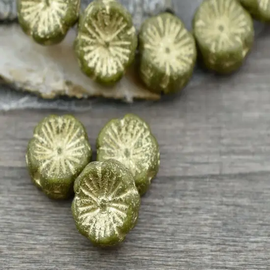 *10* 14mm Gold Washed Etched Olive Green Hawaiian Flower Beads {2}