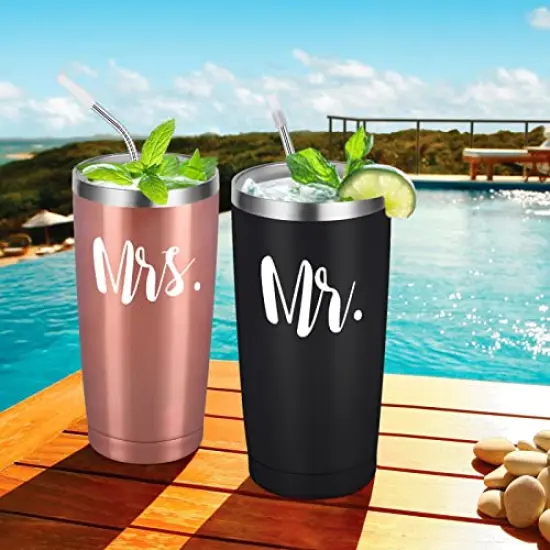Mr and Mrs Tumbler Set of 2, Gifts for Newlyweds Couples Wife Bride To Be Newly Engaged Bridal Shower Wedding Engagement, 20 oz Stainless Steel Insulated Travel with Lids, Black & Rose Gold {3}