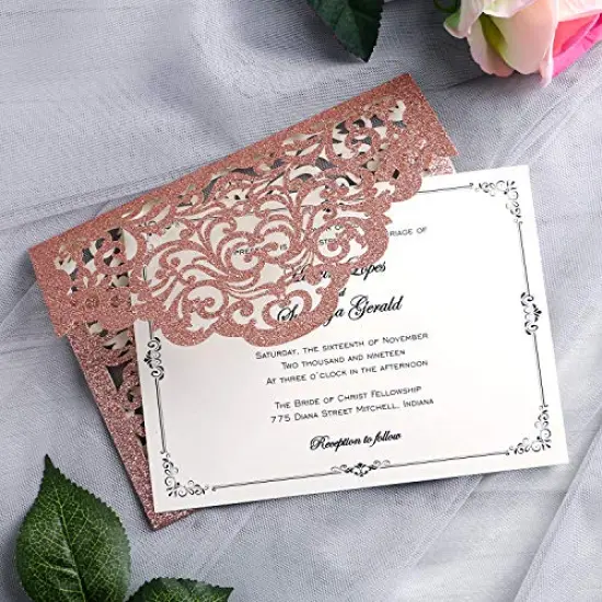 20 Pcs Laser Cut Wedding Invitation Card with Envelope for Wedding Quinceanera Bridal Shower Baby Shower Party Invite (Rose Gold Glitter) {5}