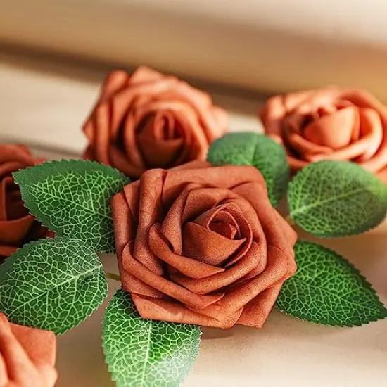 AmyHomie Artificial Flowers Burnt Orange Rose 25pcs Real Looking Fake Roses w/Stem for Fall Decor DIY Wedding Bouquets Centerpieces Arrangements Party Baby Shower Home Decorations {2}