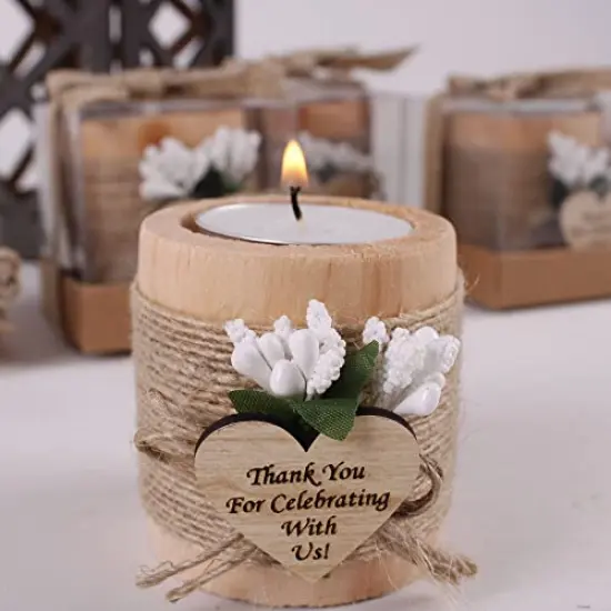 10 Pck Wood Tealight Candle Holder, Bridal Shower Tealight Holder Thank You Gifts, Wedding Party Favors for Guests, Wooden Cylinder Candle Holders for Table Centerpiece (Heart Tag, Light Brown) {3}