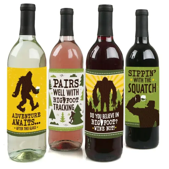 Big Dot of Happiness Sasquatch Crossing - Bigfoot Party or Birthday Party Decorations for Women and Men - Wine Bottle Label Stickers - Set of 4 {1}