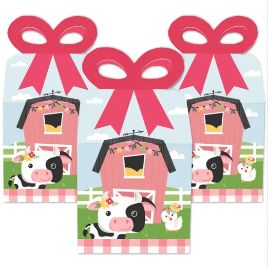 Big Dot of Happiness Girl Farm Animals - Square Favor Gift Boxes - Pink Barnyard Baby Shower or Birthday Party Bow Boxes - Set of 12 {3}