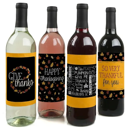 Big Dot of Happiness Give Thanks - Thanksgiving Decorations for Women and Men - Wine Bottle Label Stickers - Set of 4 {1}