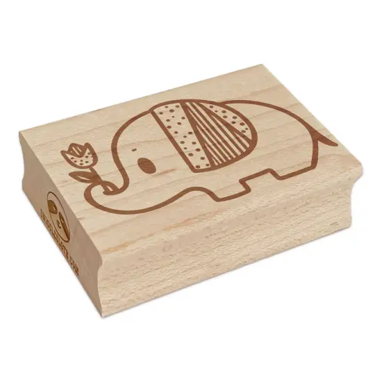 Baby Elephant Holding Tulip Rectangle Rubber Stamp for Stamping Crafting {2}