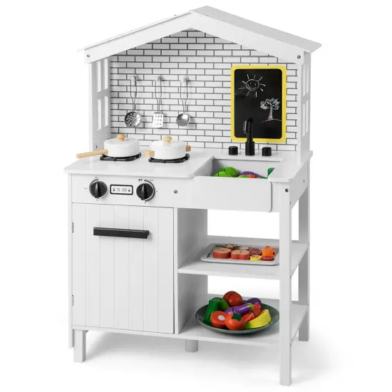 Costway Kids Farmhouse Kitchen Play Set Wooden Pretend Toy with Storage & Accessories {1}