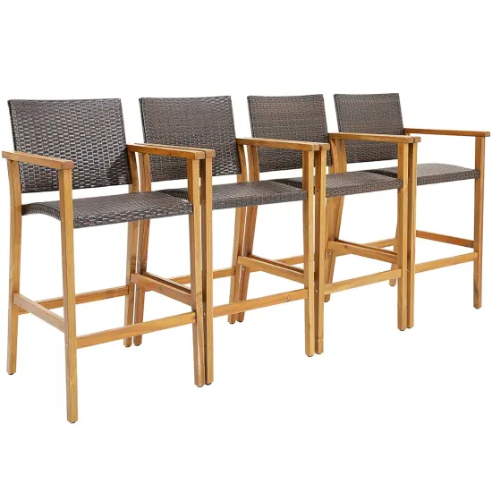 Costway 2PCS/4PCS Patio PE Wicker Bar Chairs Height Barstools with Acacia Wood Armrests Balcony {2}