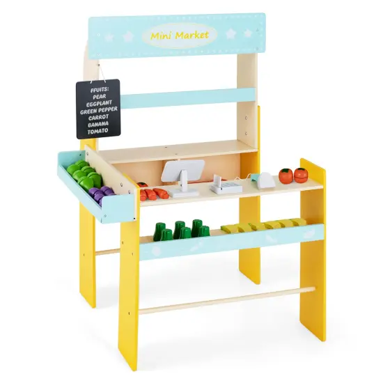 Costway Grocery Store Marketplace Toy Wooden Market Stand Pretend Play Set with 36 Fruit Veggies Pieces {1}