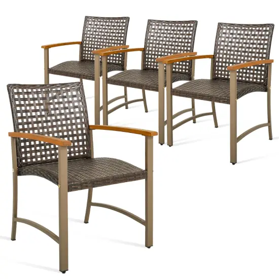 Costway Set of 4 Patio Dining Chairs Outdoor Wicker Armchairs with Acacia Wood Armrests {1}