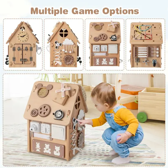 Costway Wooden Busy House Montessori Toy with Sensory Games & Interior Storage Space {5}